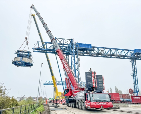 Rückbau Kran, Hafen Emmerich, Autokrane Schares, Tandemhub, SPMT, Liebherr Mobilkrane, Raupenkrane