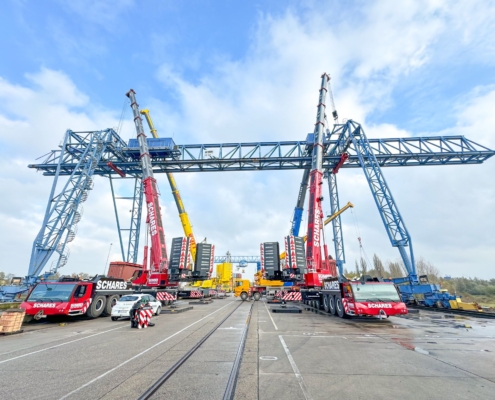 Rückbau Containerkran, Hafen Emmerich, Autokrane Schares, Tandemhub, SPMT, Liebherr Mobilkrane, Raupenkrane